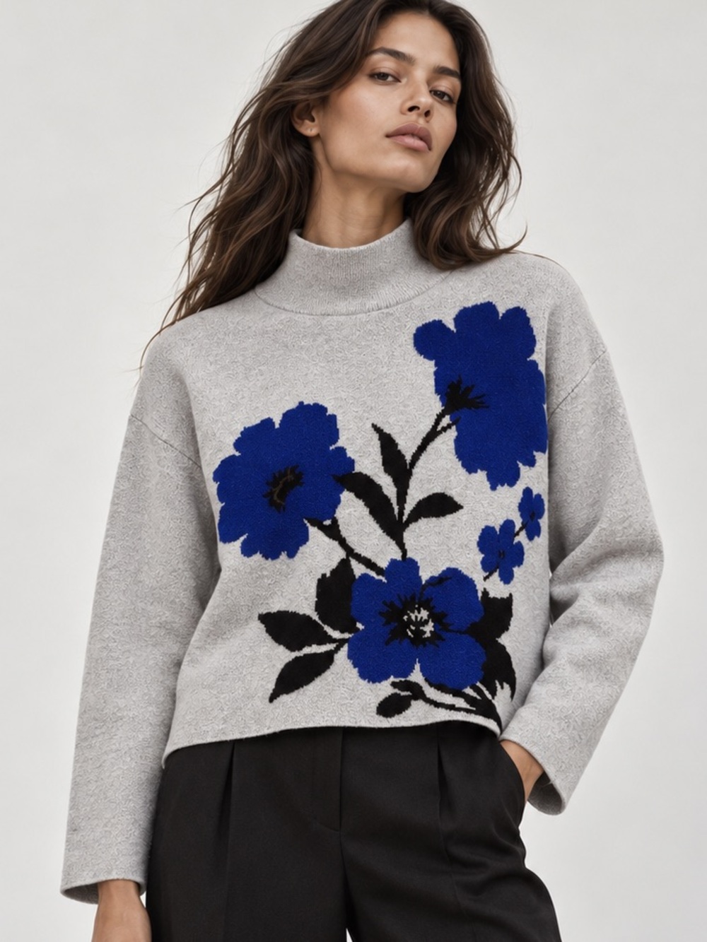 Philosophy Republic Clothing Floral Mock Neck Sweater Gray Blue L